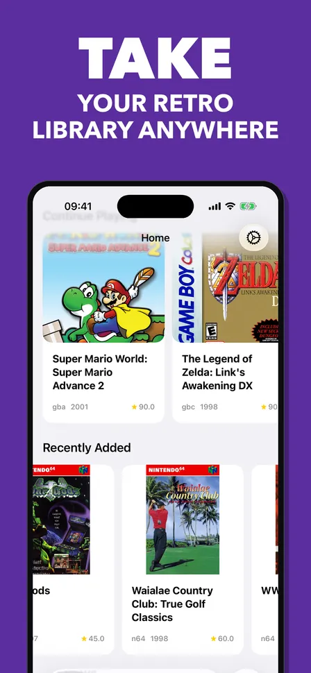 Home screen with continue playing and recently added games