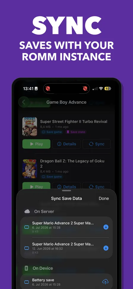 Save files and save states synced with the RomM server