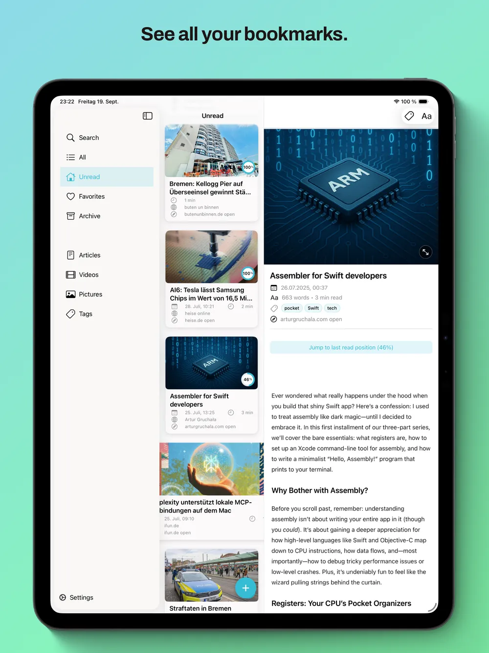 readeck iOS on iPad showing multi-column layout and split view
