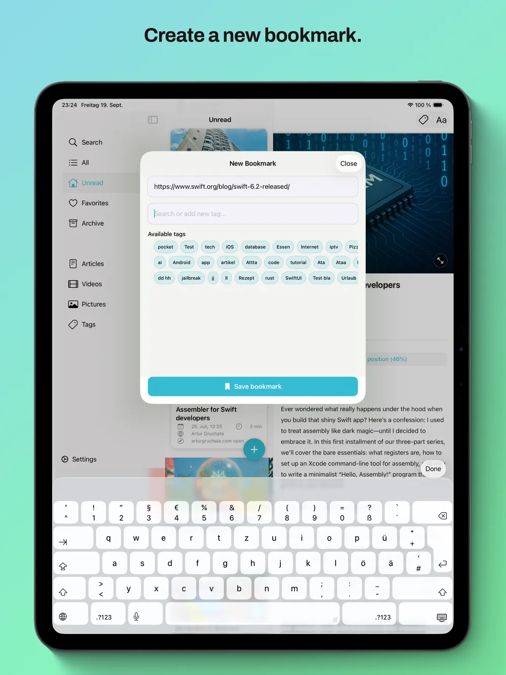 readeck iOS on iPad showing bookmark details and sidebar
