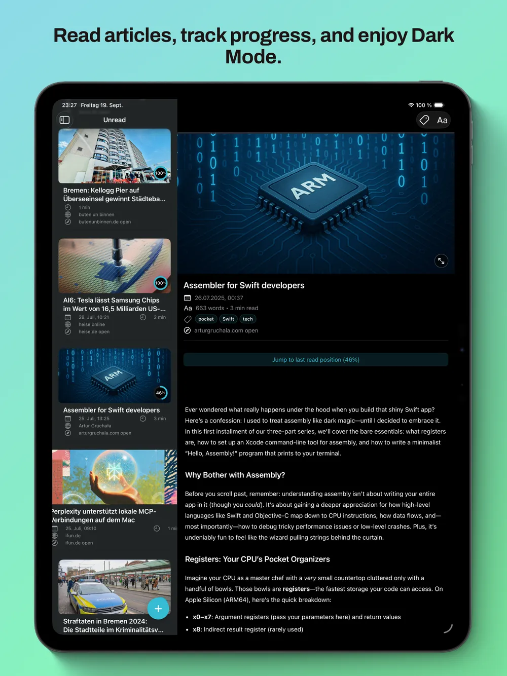 readeck iOS on iPad showing article reading view