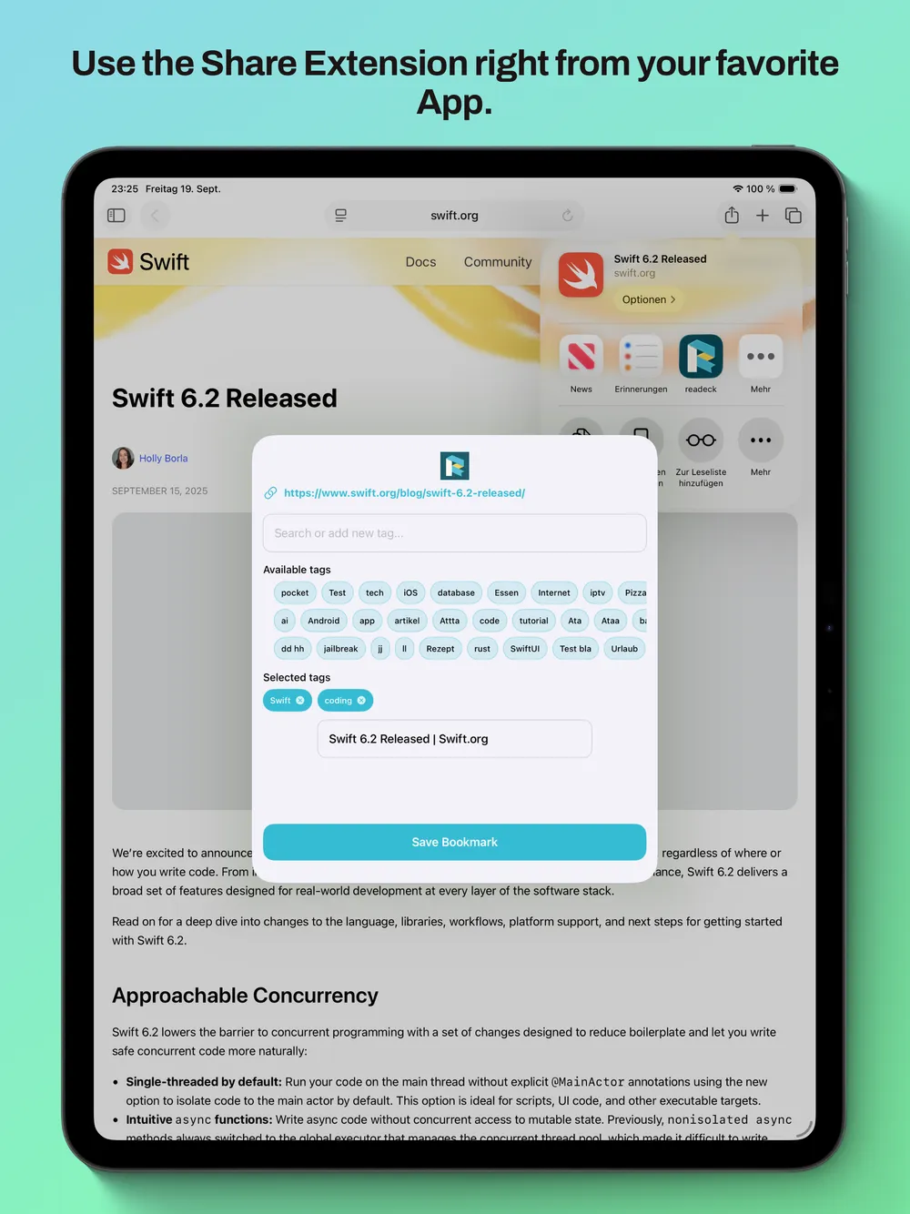 readeck iOS on iPad showing settings and preferences