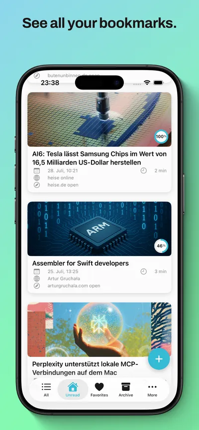 readeck iOS main view showing bookmark categories and list