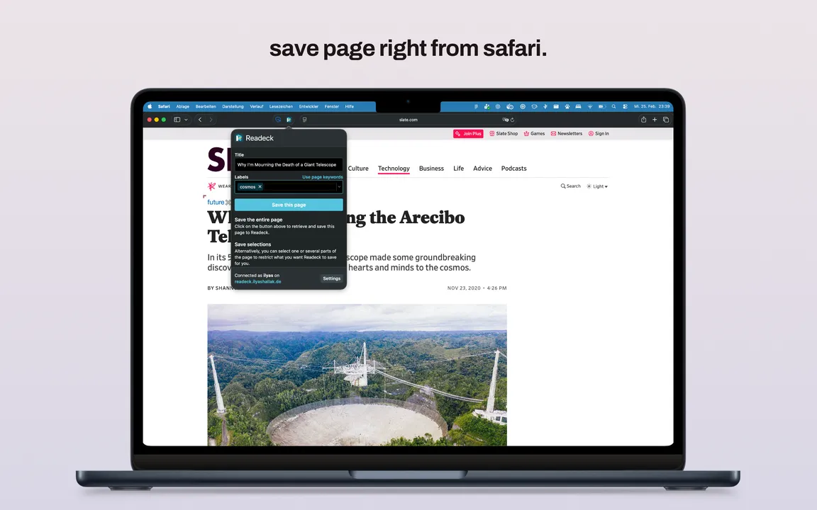 The Readeck popup in Safari with title and labels, ready to save the page
