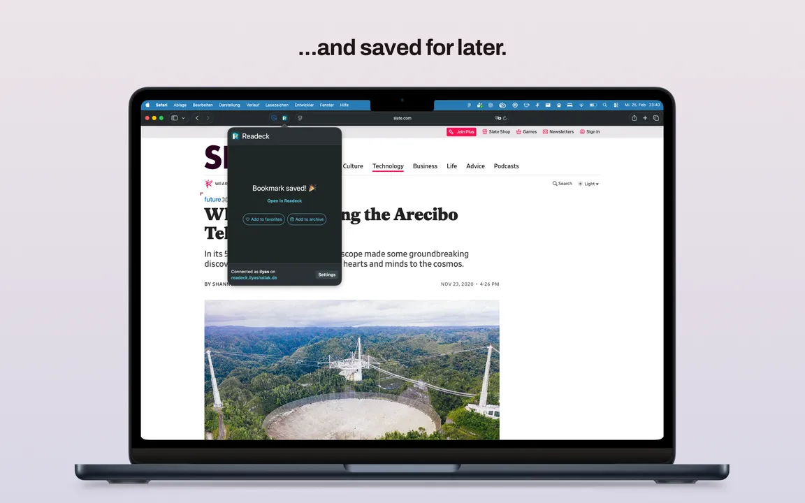 The page is saved, with shortcuts to favorite or archive it
