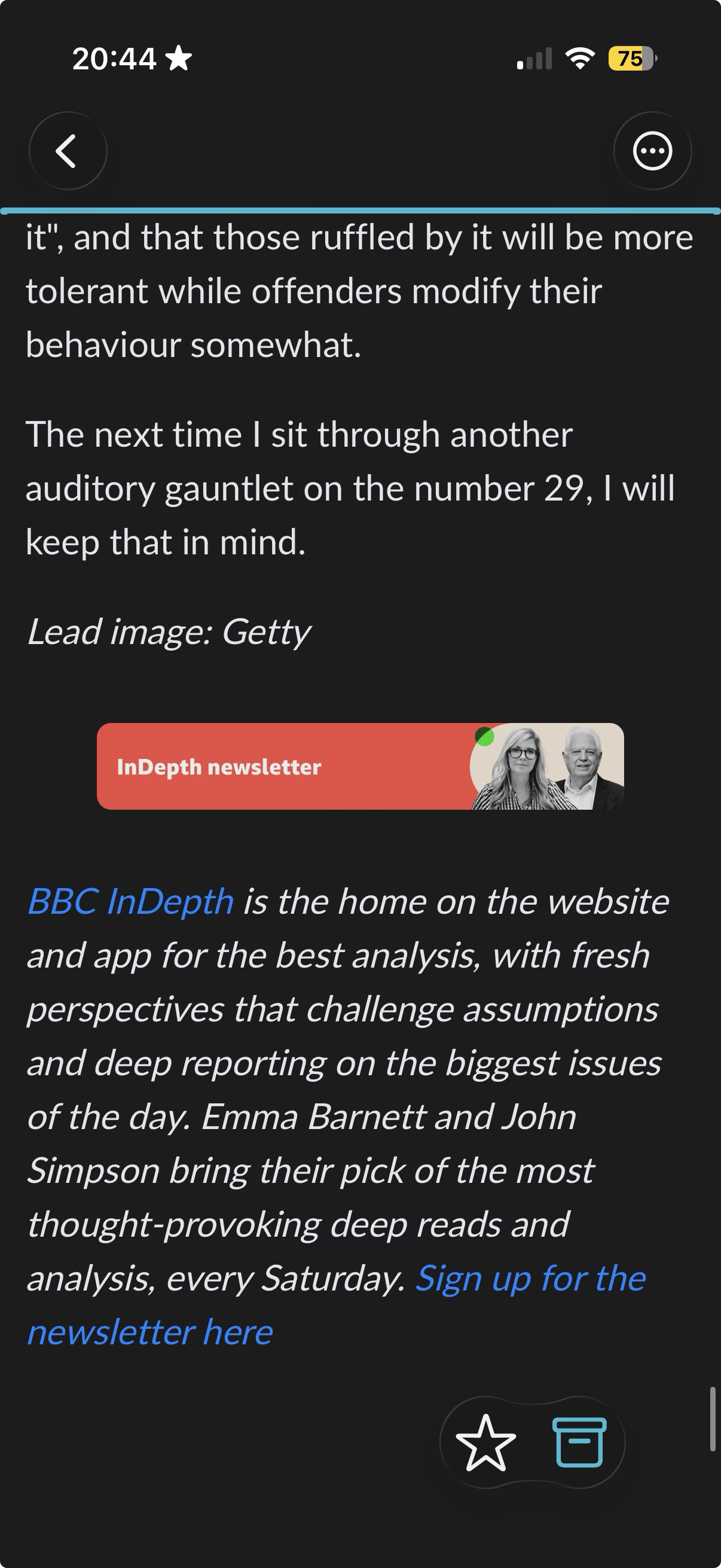 Readeck reader with two Liquid Glass buttons, Favorite (a star) and Archive, floating over the bottom right of an article