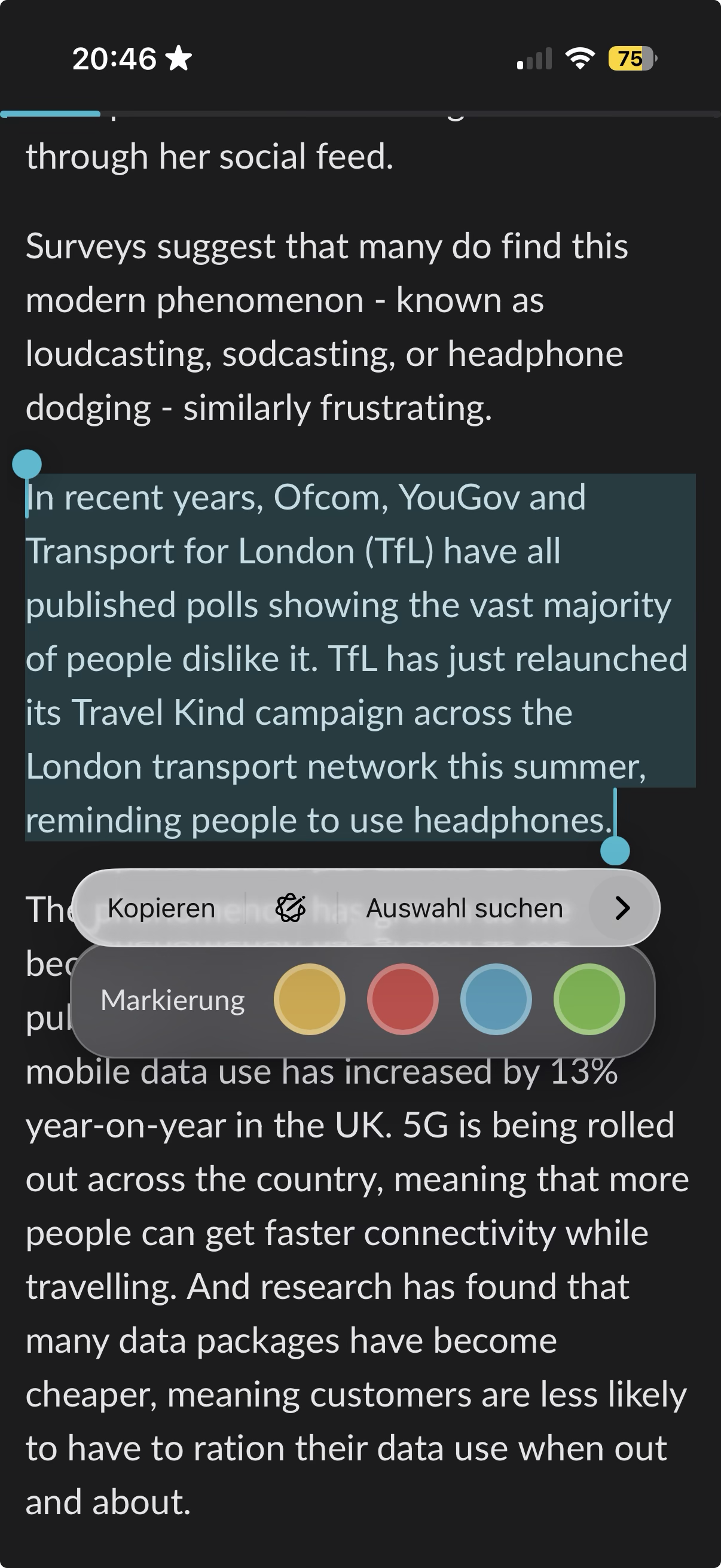 Text selection in the Readeck WebView showing a translucent glass annotation toolbar with copy and search actions and four highlight color dots over the article