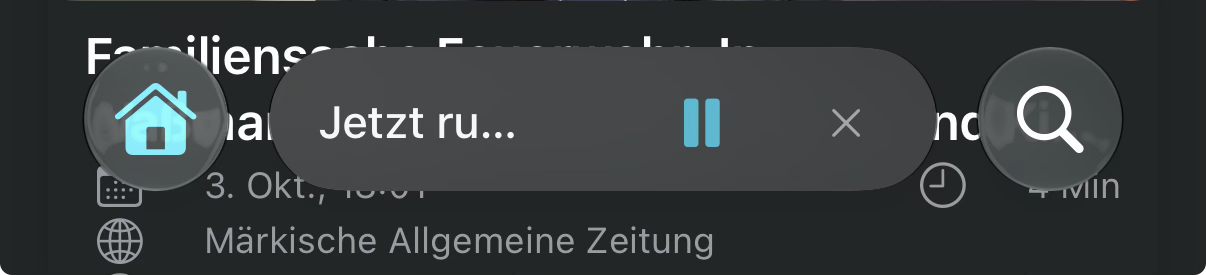 The Readeck mini player floating between the home and search buttons, showing a truncated title, a pause button and a close button